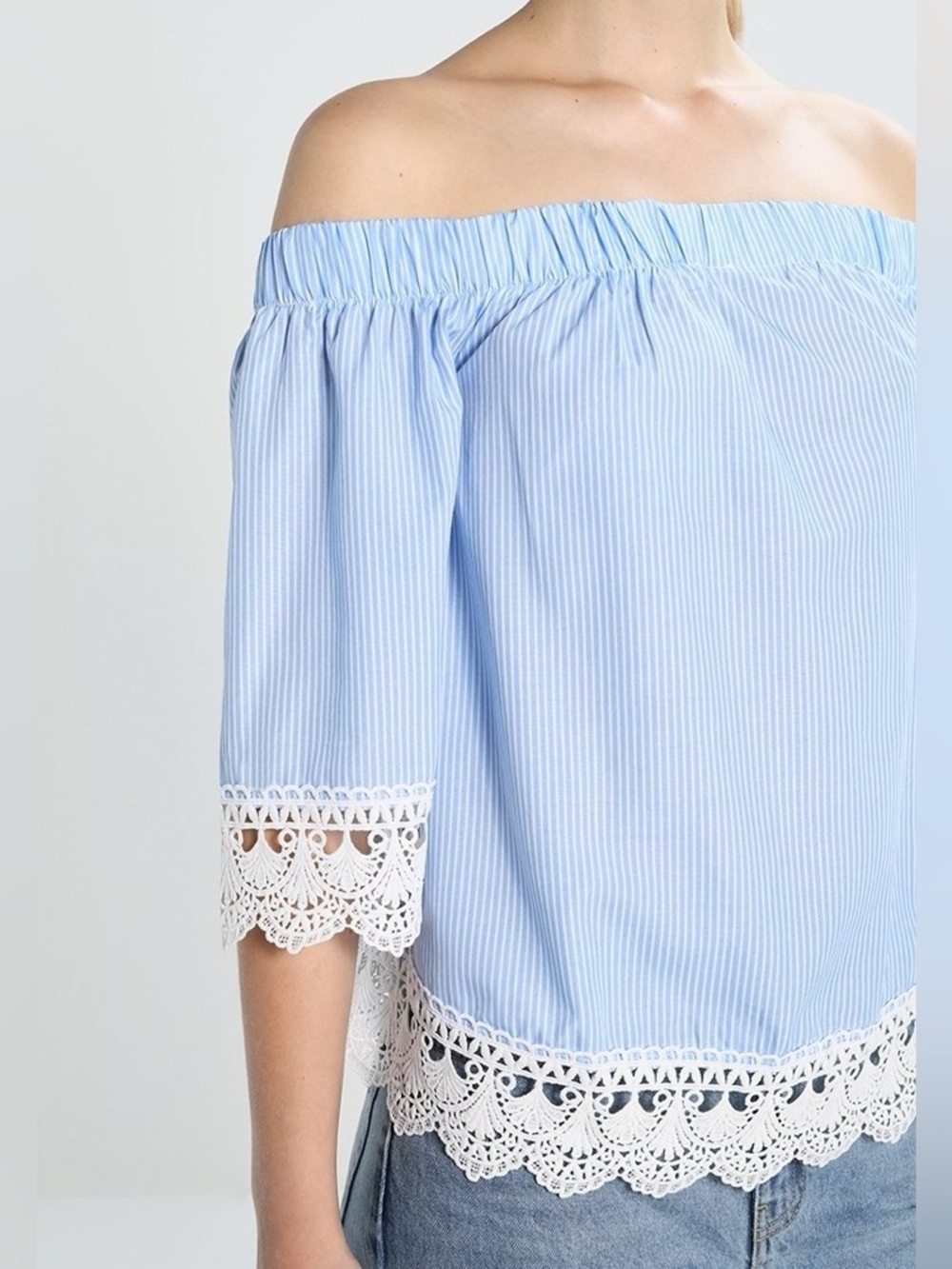 Romeo & Juliet Couture Light Blue Off-Shoulder Top White Crochet Lace Trim NEW